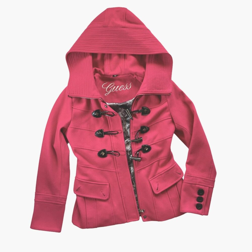 Guess Womens Hooded Lined Wool Blend Coat Zip/Toggle Close Fuchsia Size XS NWOT
